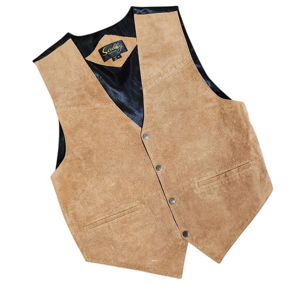 Vintage Scully Vest Men's Medium Brown Tan Suede Leather Snap Satin Back